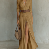 アディラナ - ラペルカラーと長袖のリネン製マキシドレス
