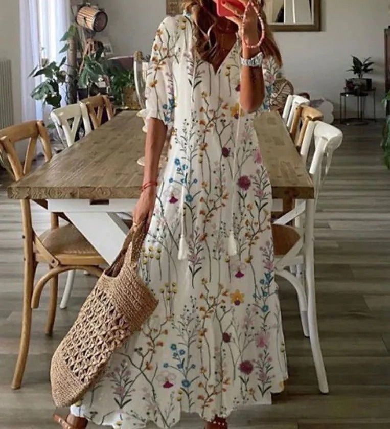 Dúnia™ フラワープリントとフリルのロングドレス